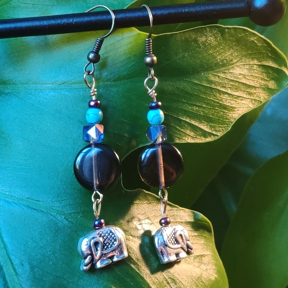 Smokey Quartz, Elephant Charm, Dyed Howlite Earrings - Picture 6 of 16